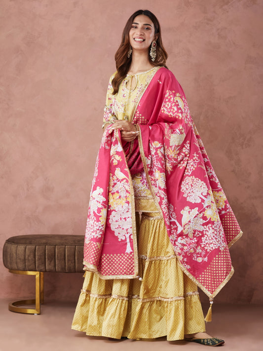 Yellow And Pink Noor key hole kurta with garara and dupatta