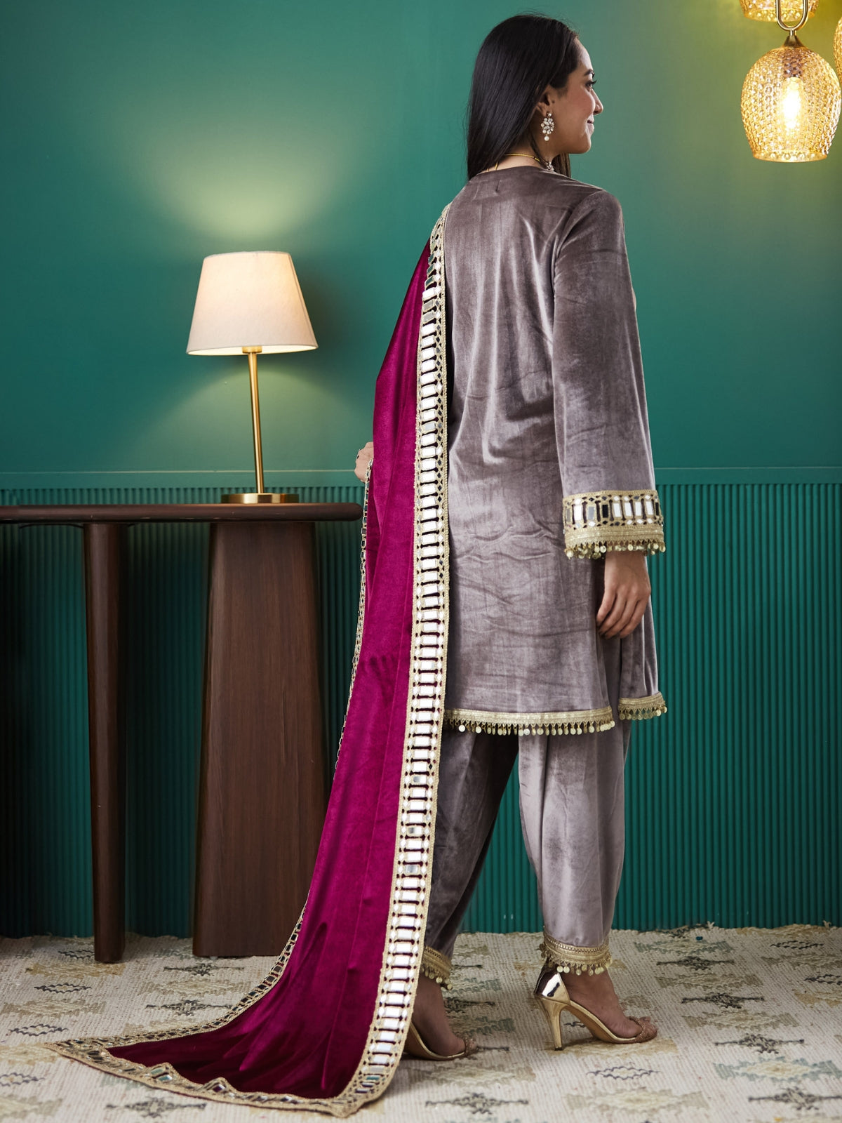 Grey With Magenta Velvet Magic Straight Kurta With Salwar And Dupatta