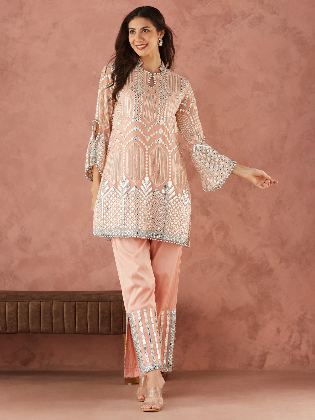 Palak Peach Straight Kurta With Slit Pants