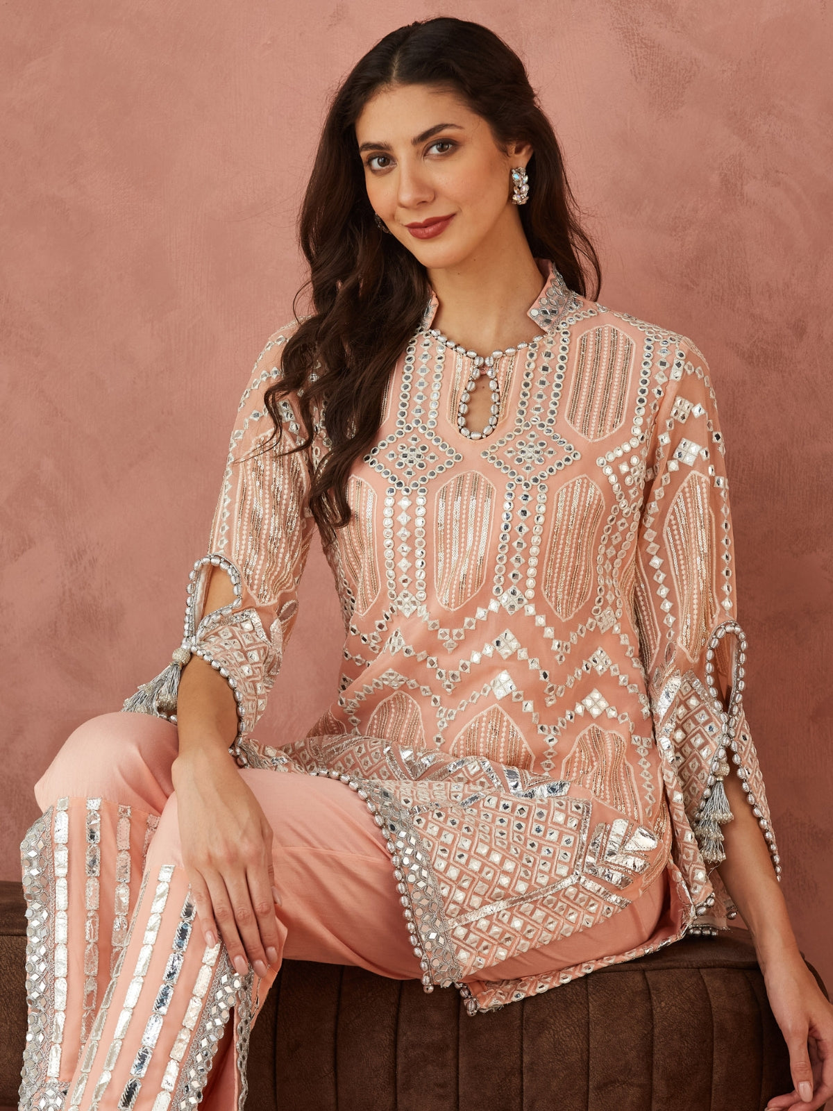 Palak Peach Straight Kurta With Slit Pants