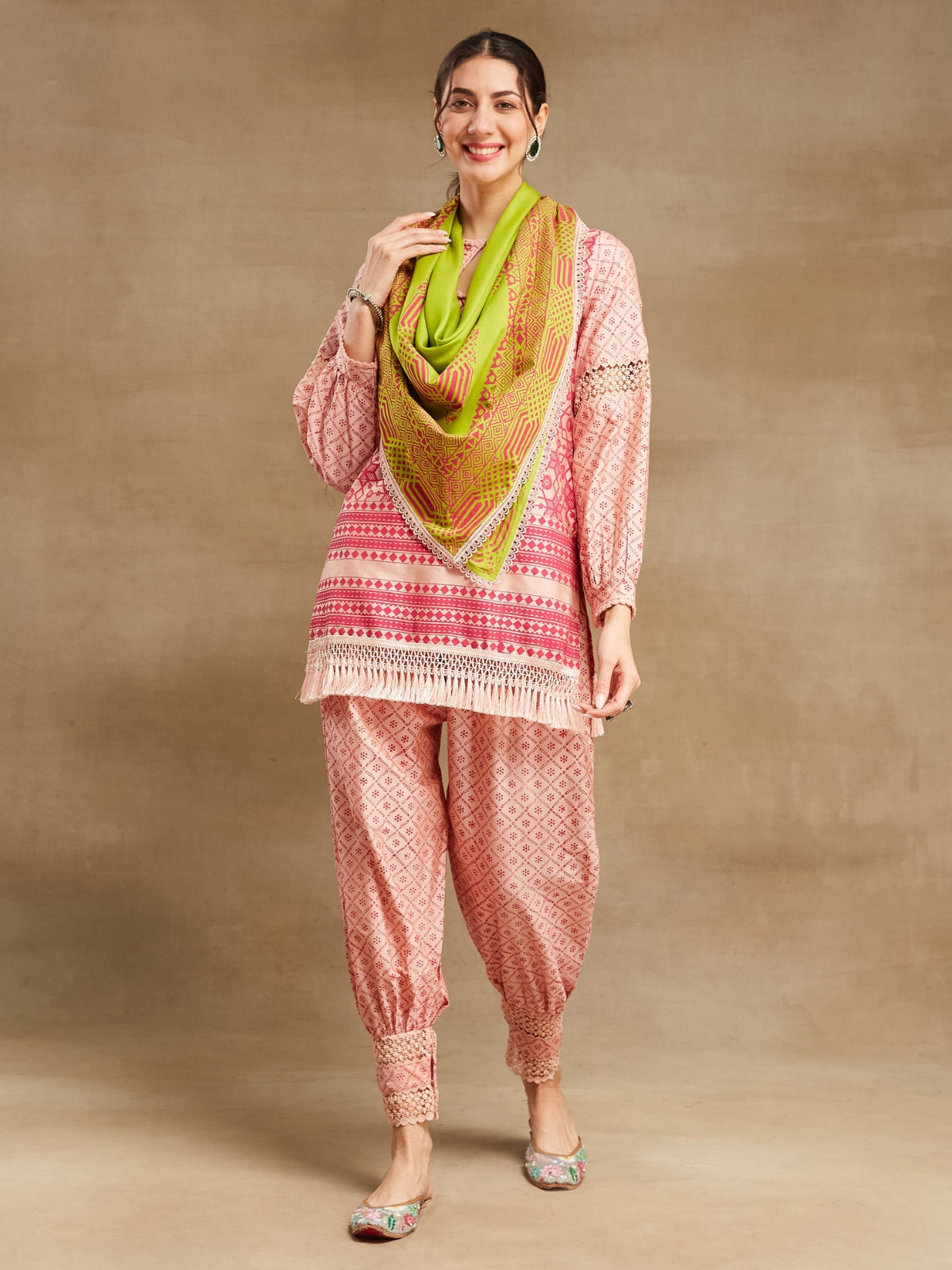 Peach Noor straight kurta with stole and afgani salwar