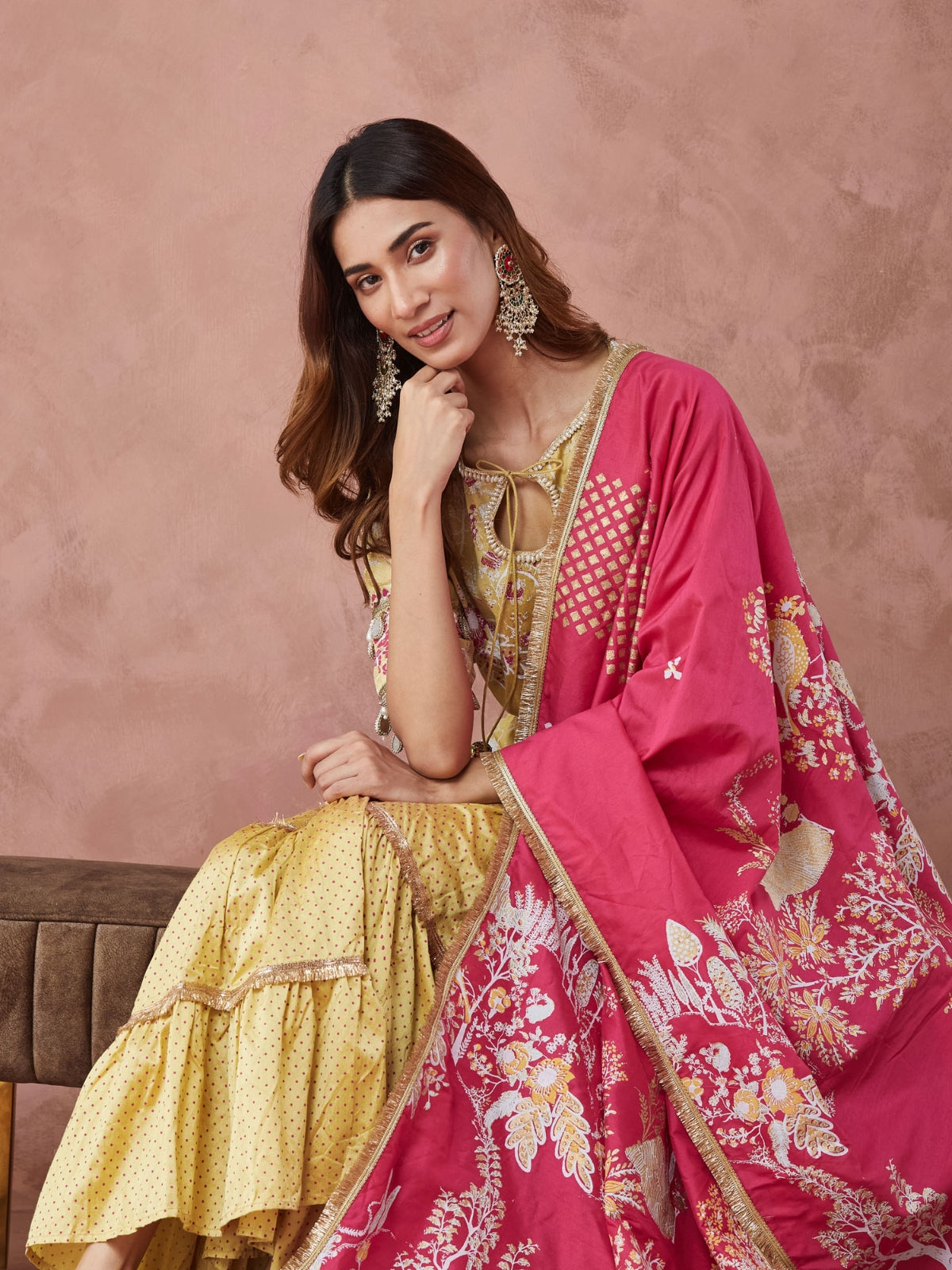 Yellow And Pink Noor key hole kurta with garara and dupatta