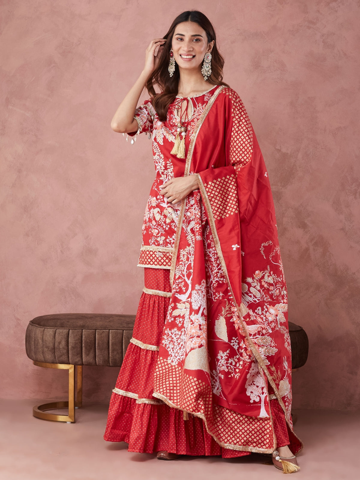 Red Noor key hole kurta with garara and dupatta