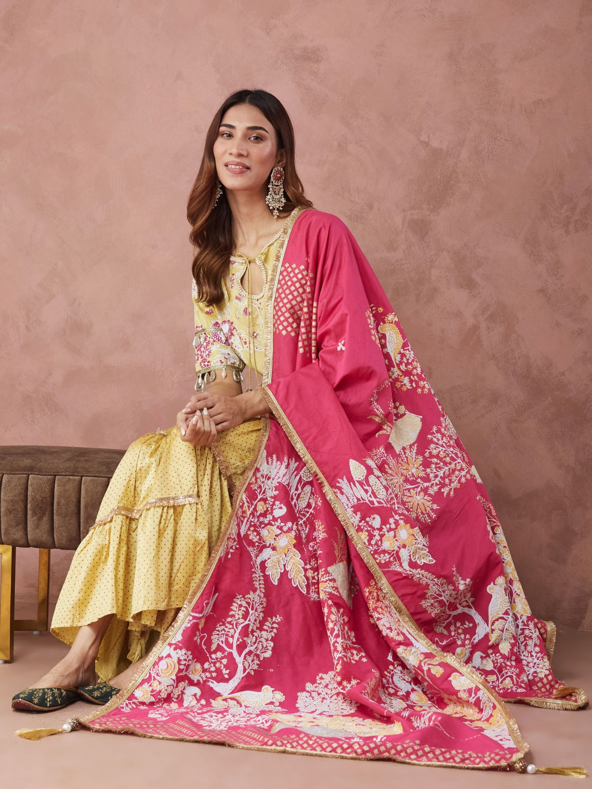 Yellow And Pink Noor key hole kurta with garara and dupatta