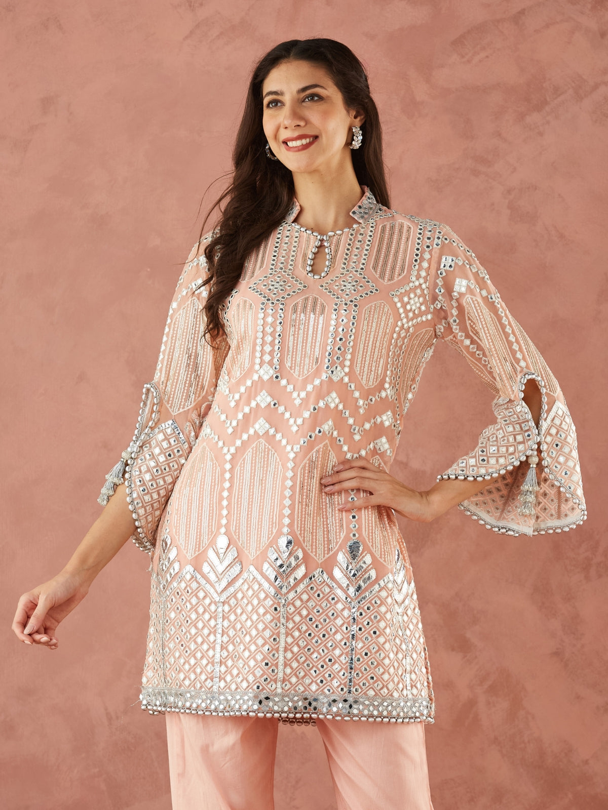 Palak Peach Straight Kurta With Slit Pants