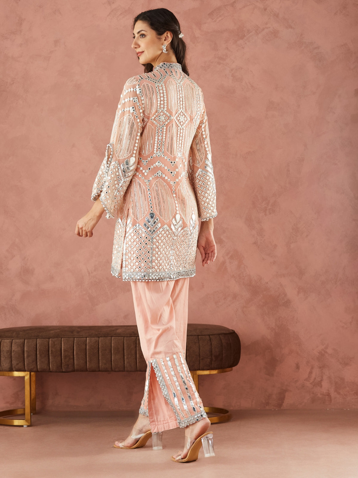 Palak Peach Straight Kurta With Slit Pants