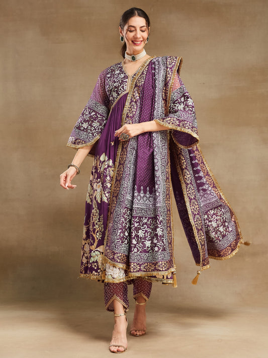 Purple Noor V Neck Anarkali With Pant And Dupatta