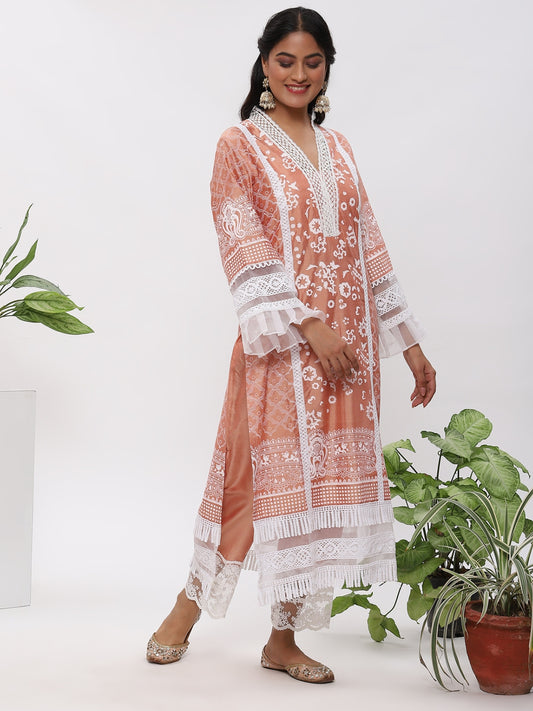 Peachy Orange Fanah Kurta With Plazo And Dupatta