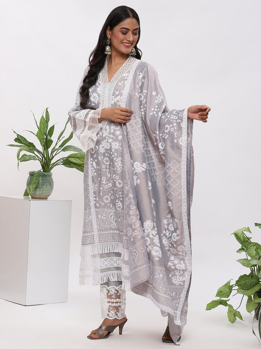 Grey Fanah Kurta With Plazo And Dupatta