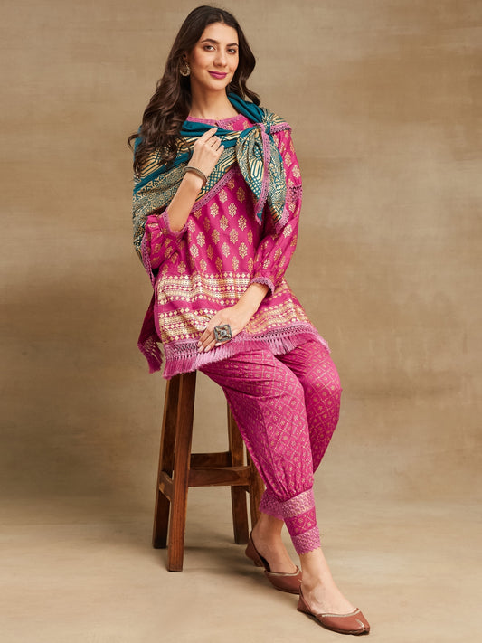 Bright pink Noor straight kurta with stole and afgani salwar