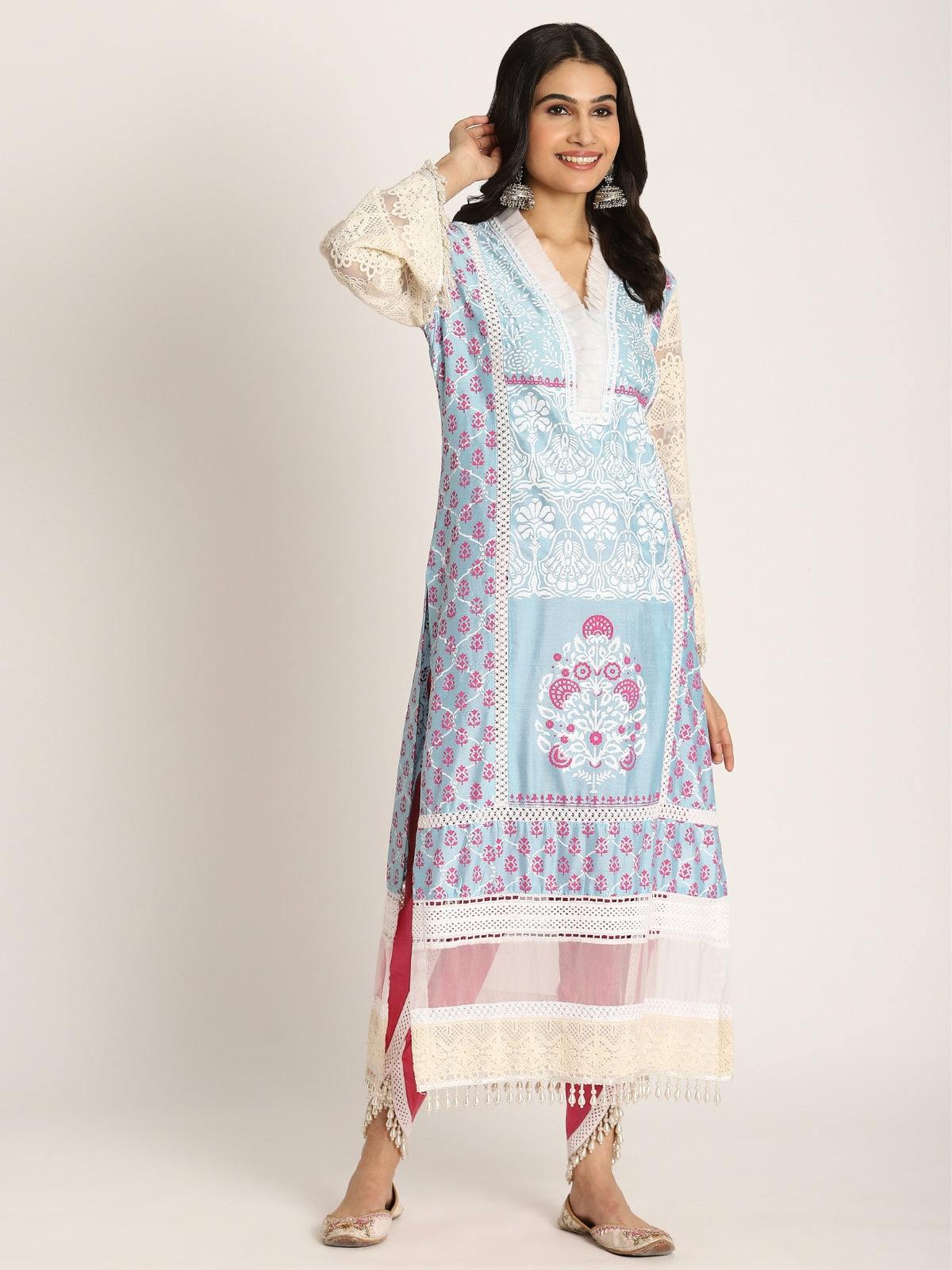 Blue Falak Straight Kurta With Tulip And Dupatta