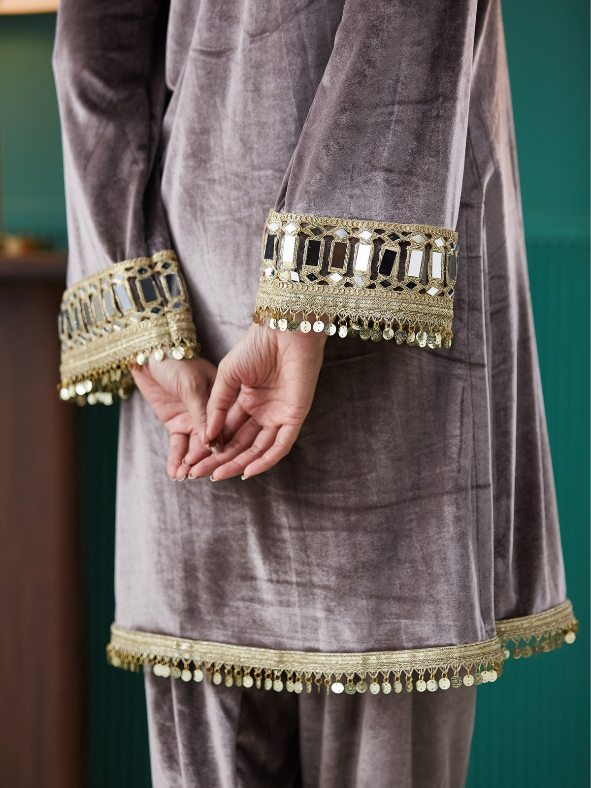 Grey With Magenta Velvet Magic Straight Kurta With Salwar And Dupatta