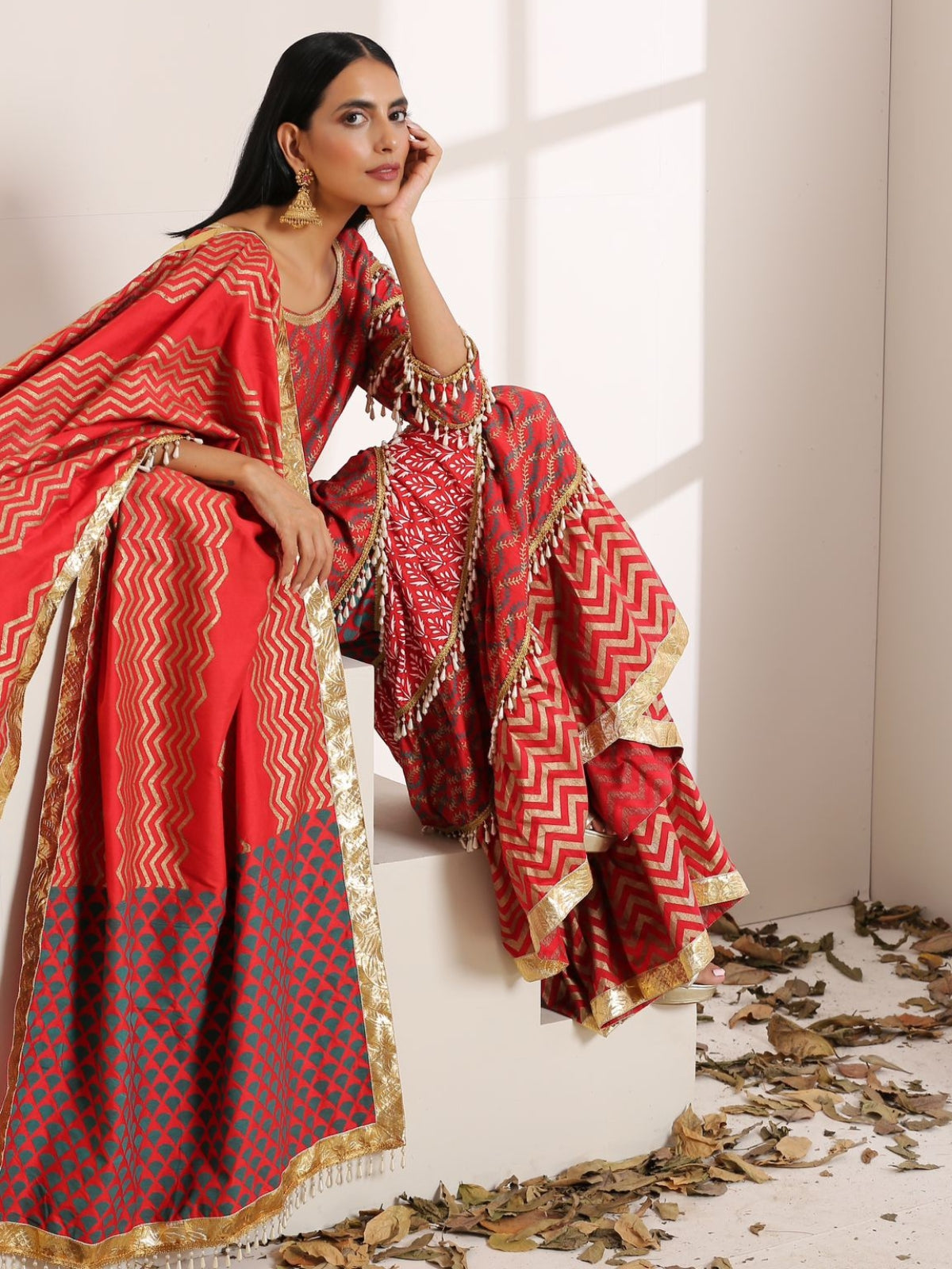 Red Kalptaru Kurta With Garara And Dupatta