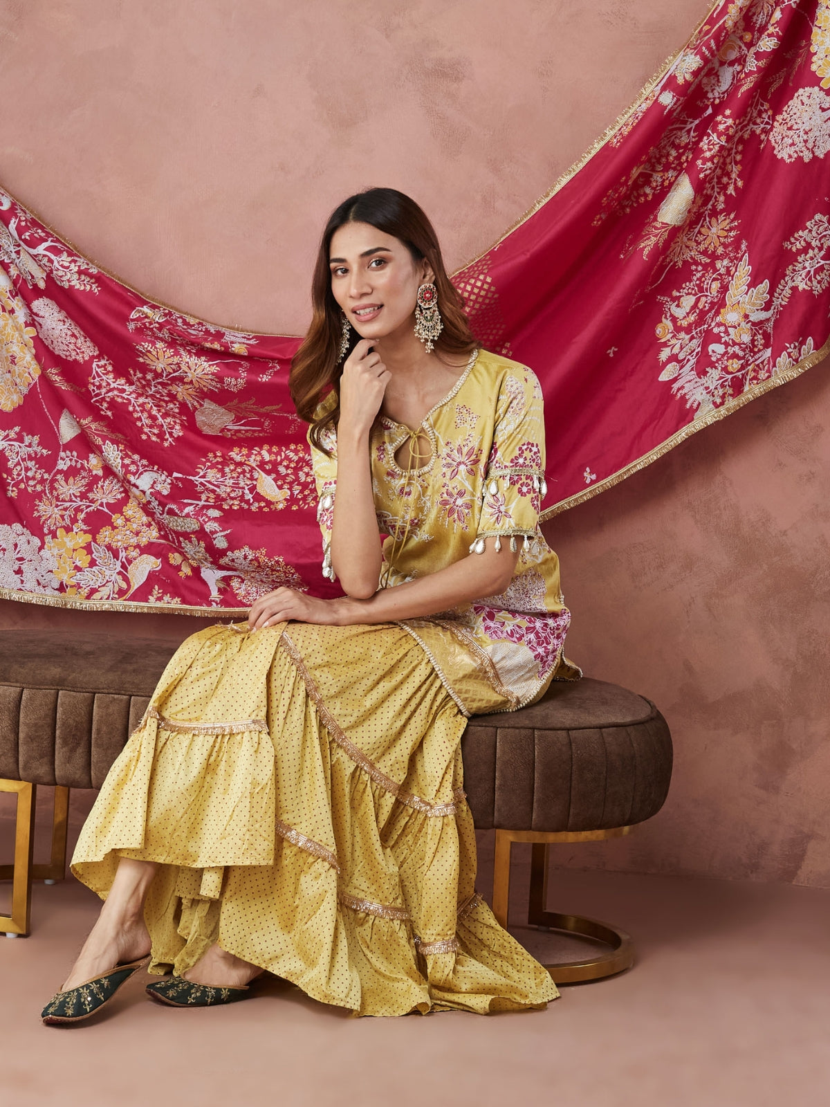 Yellow And Pink Noor key hole kurta with garara and dupatta