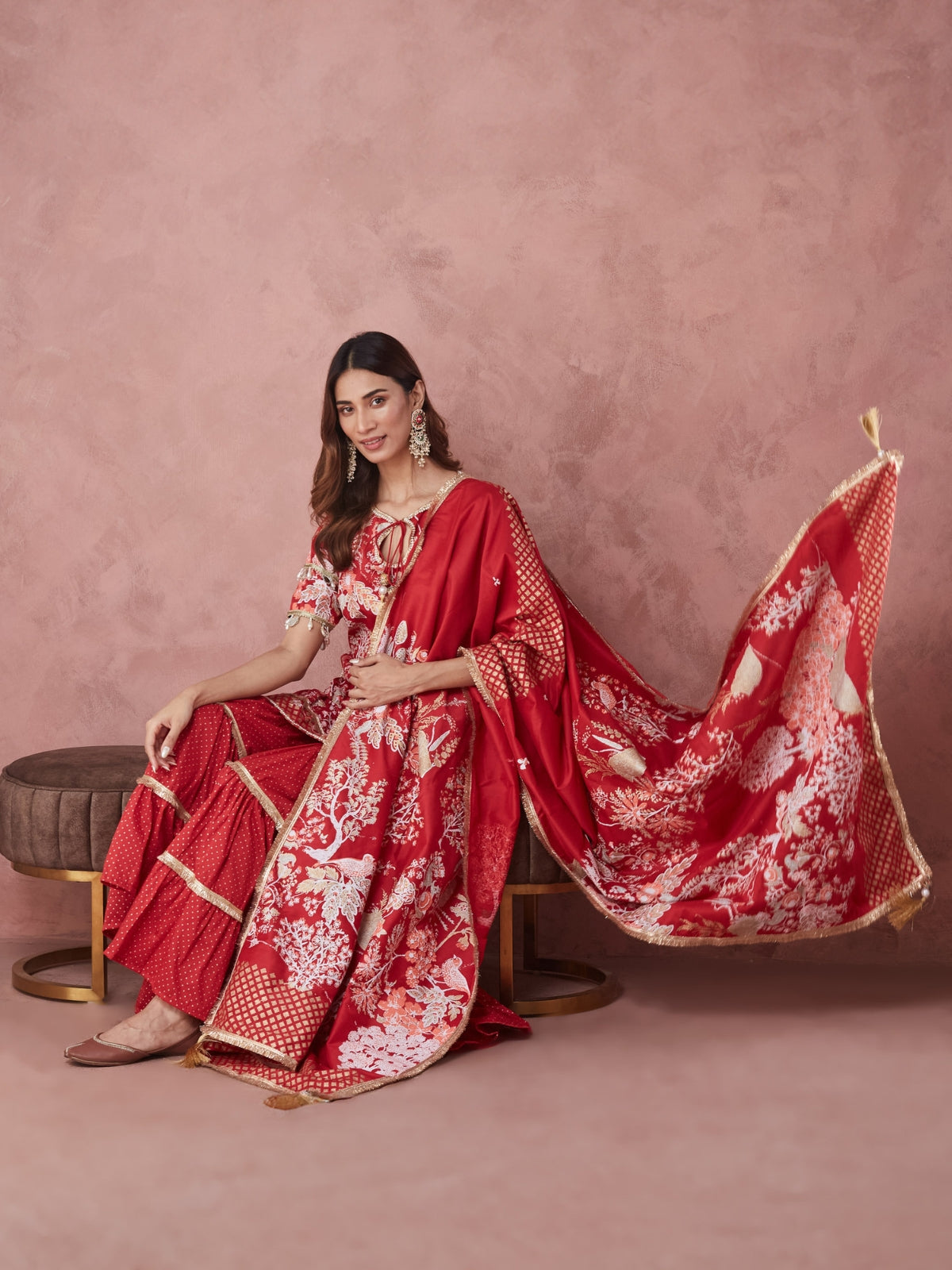 Red Noor key hole kurta with garara and dupatta