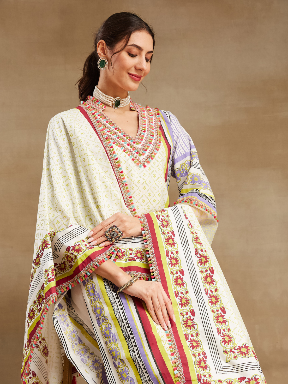 White Noor long straight kurta with plazo and dupatta