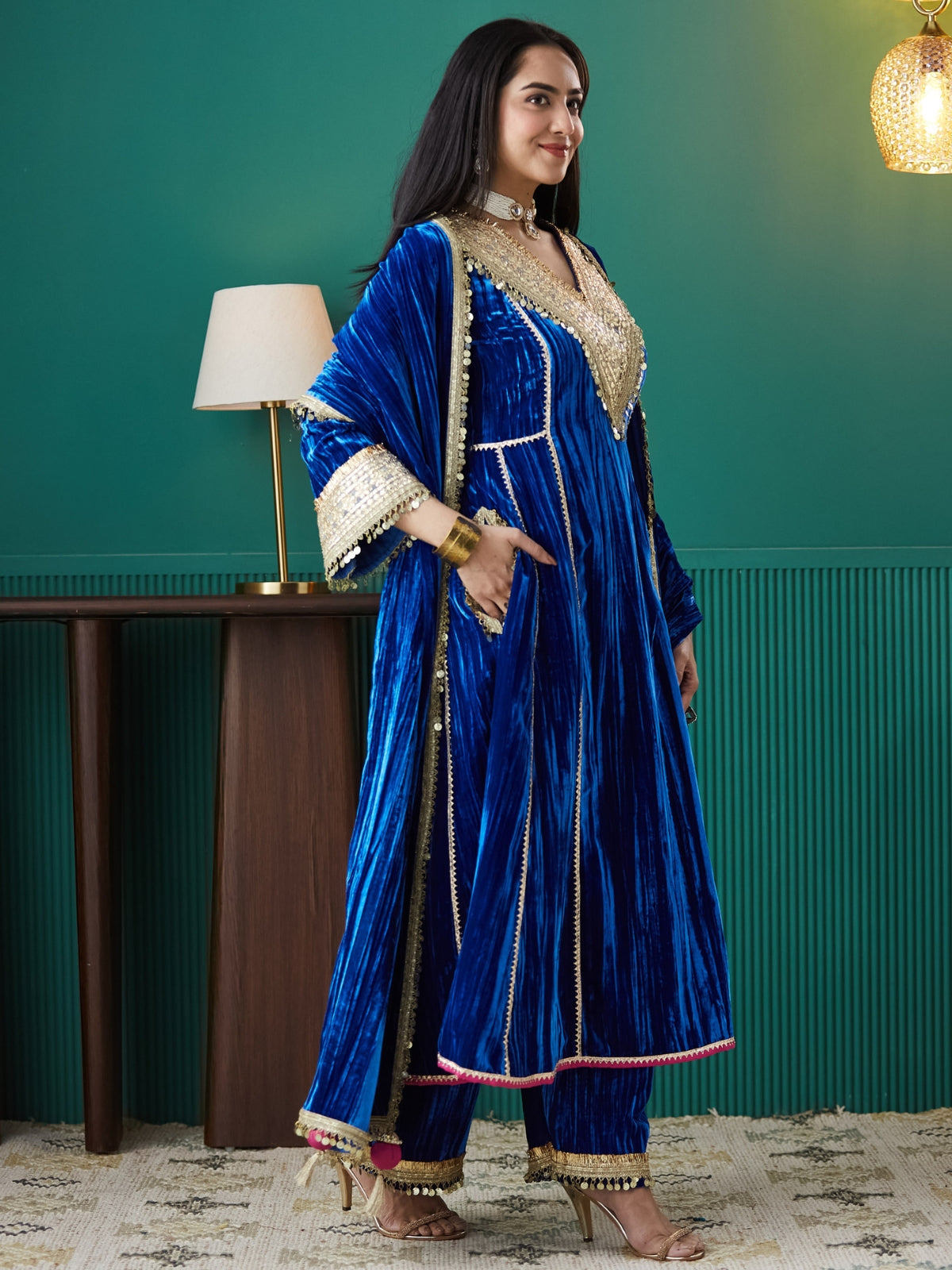 Blue Velvet Magic A Line Long Kurta, With Plazo And Dupatta