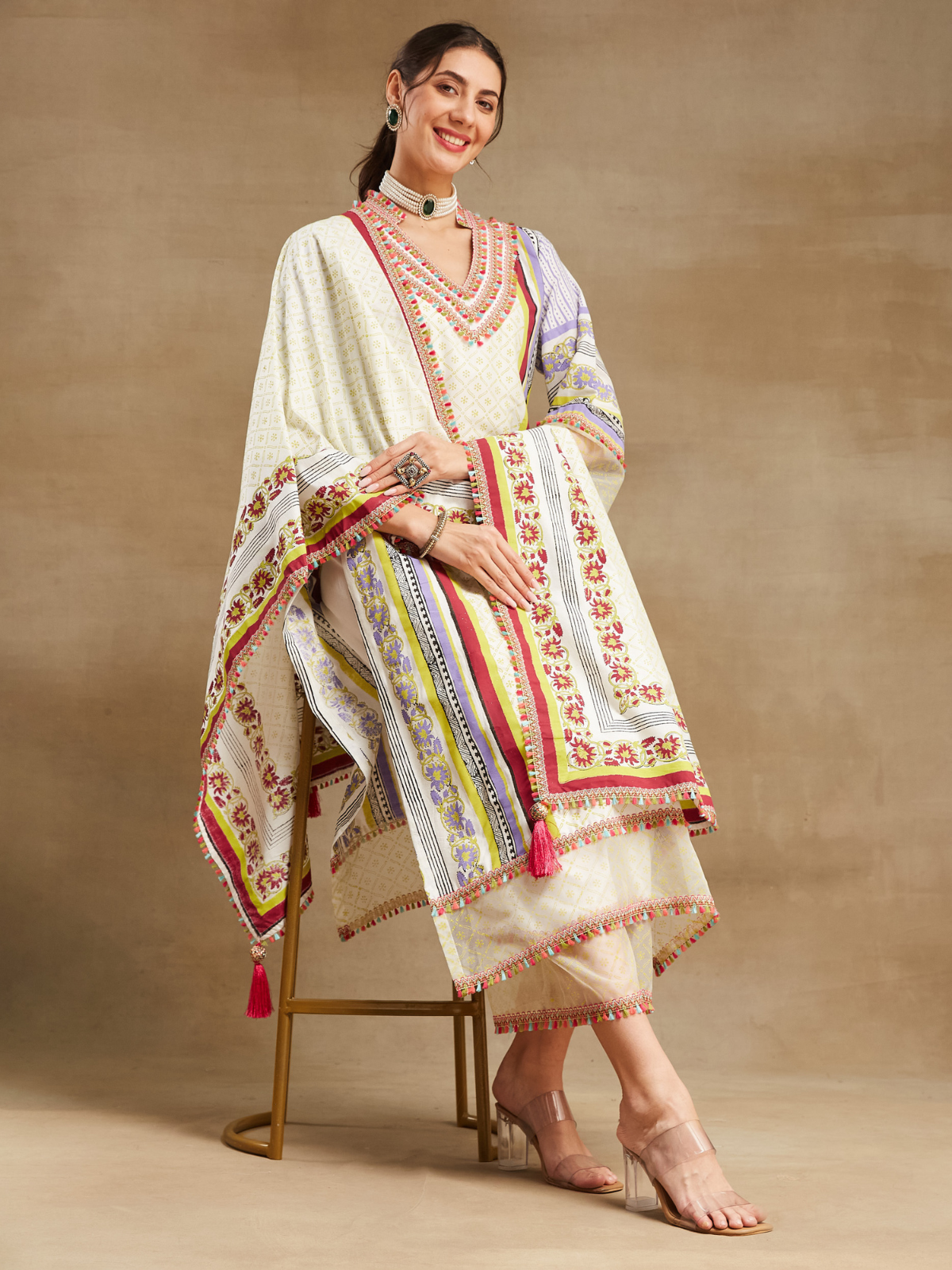 White Noor long straight kurta with plazo and dupatta