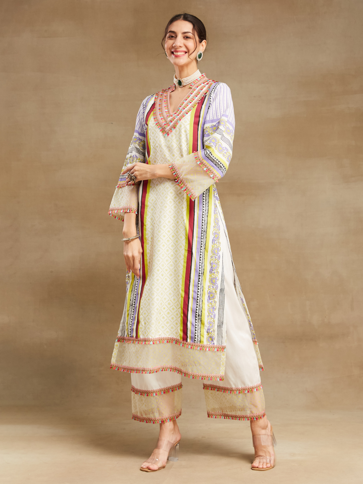 White Noor long straight kurta with plazo and dupatta