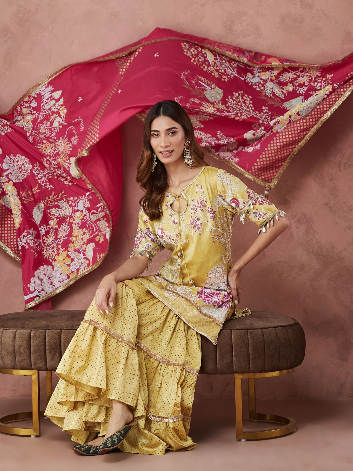 Yellow And Pink Noor key hole kurta with garara and dupatta