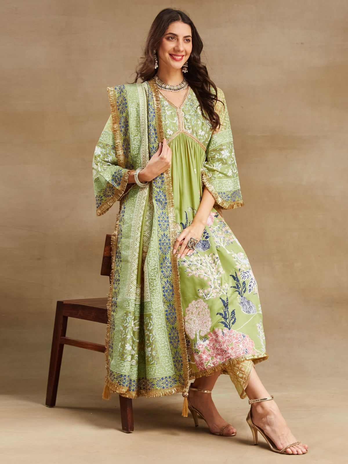 Green Noor V Neck Anarkali With Pant And Dupatta