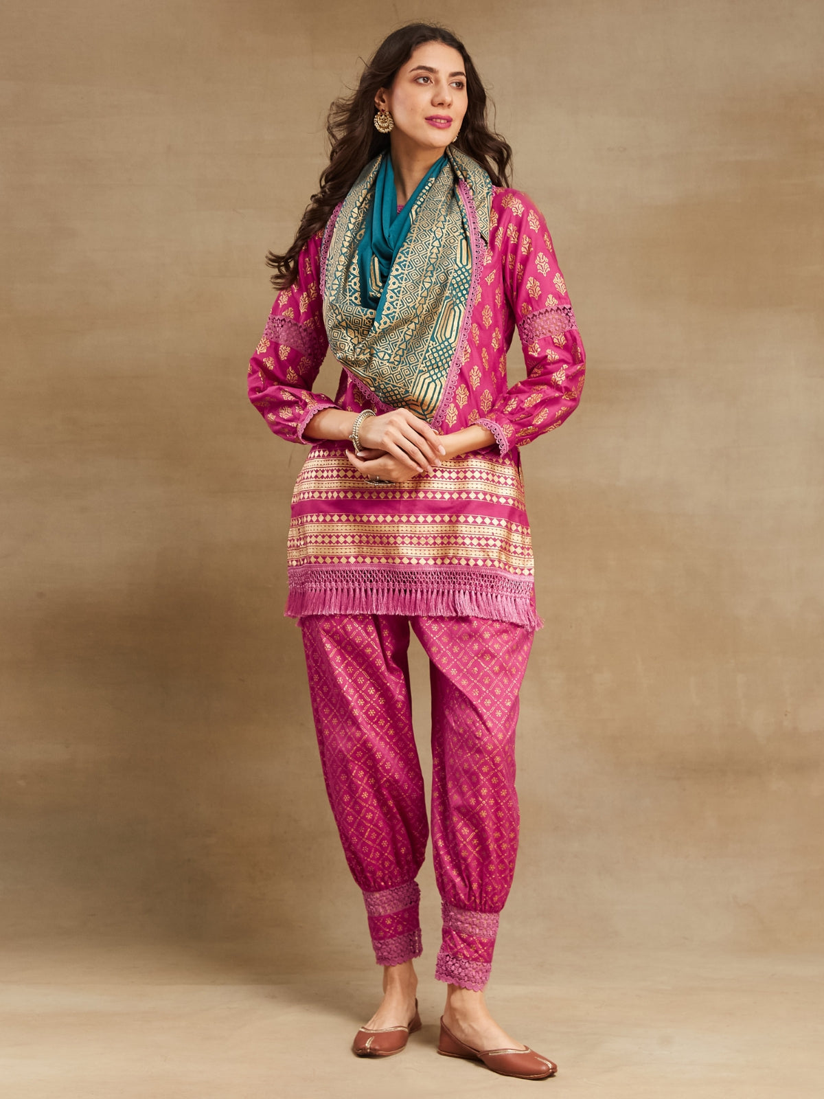 Bright pink Noor straight kurta with stole and afgani salwar