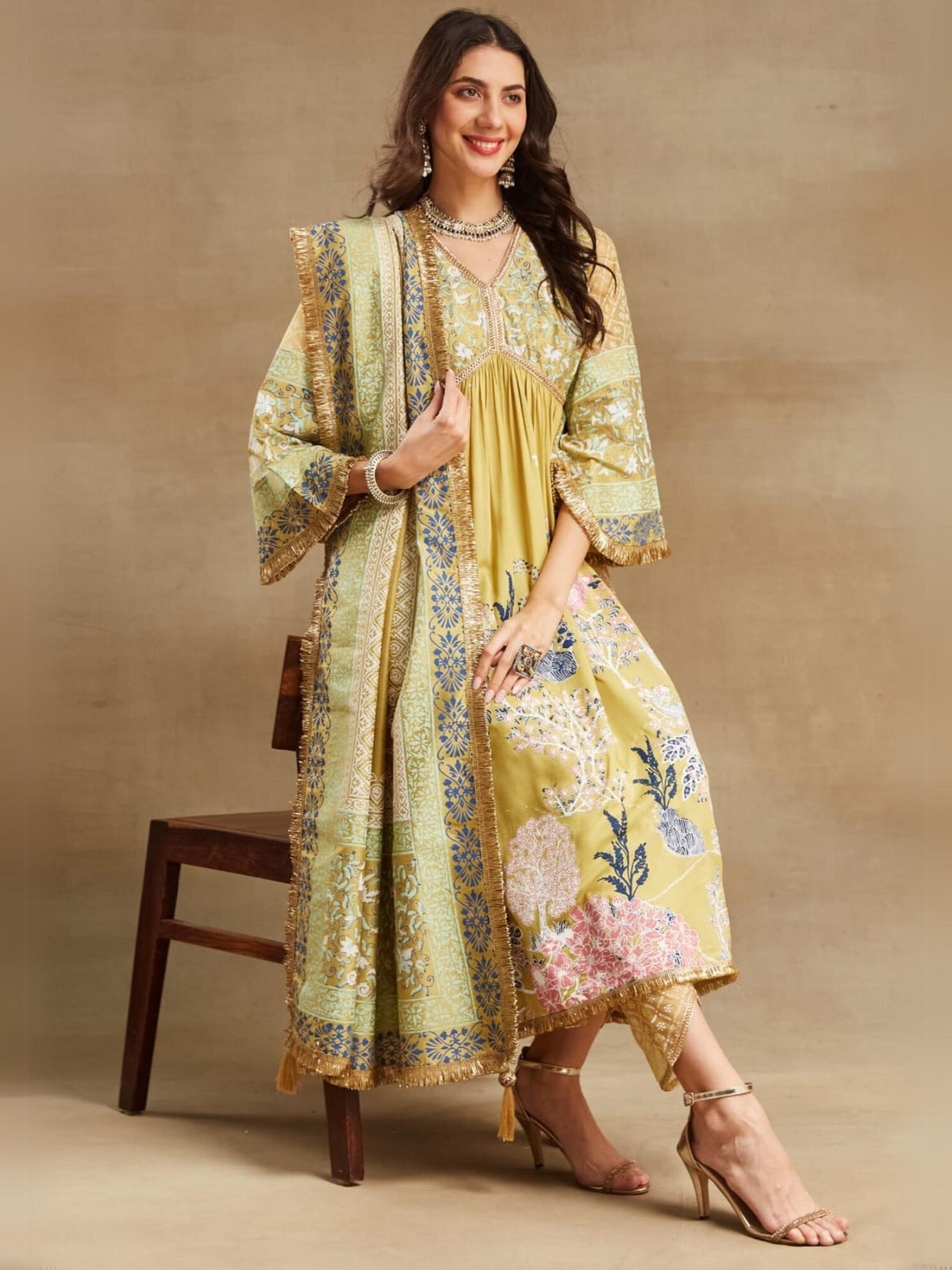 Yellow Noor V Neck Anarkali With Pant And Dupatta