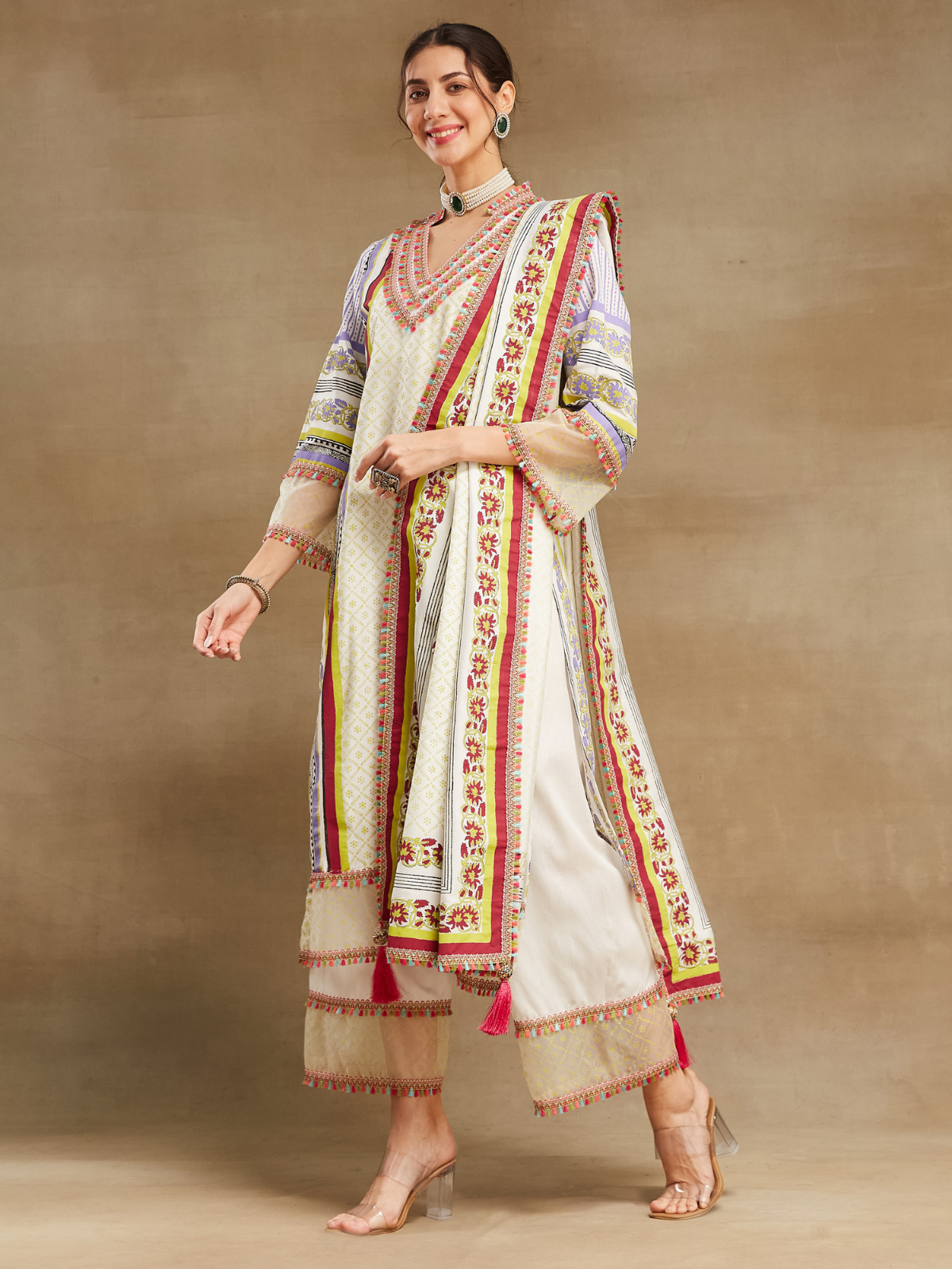 White Noor long straight kurta with plazo and dupatta