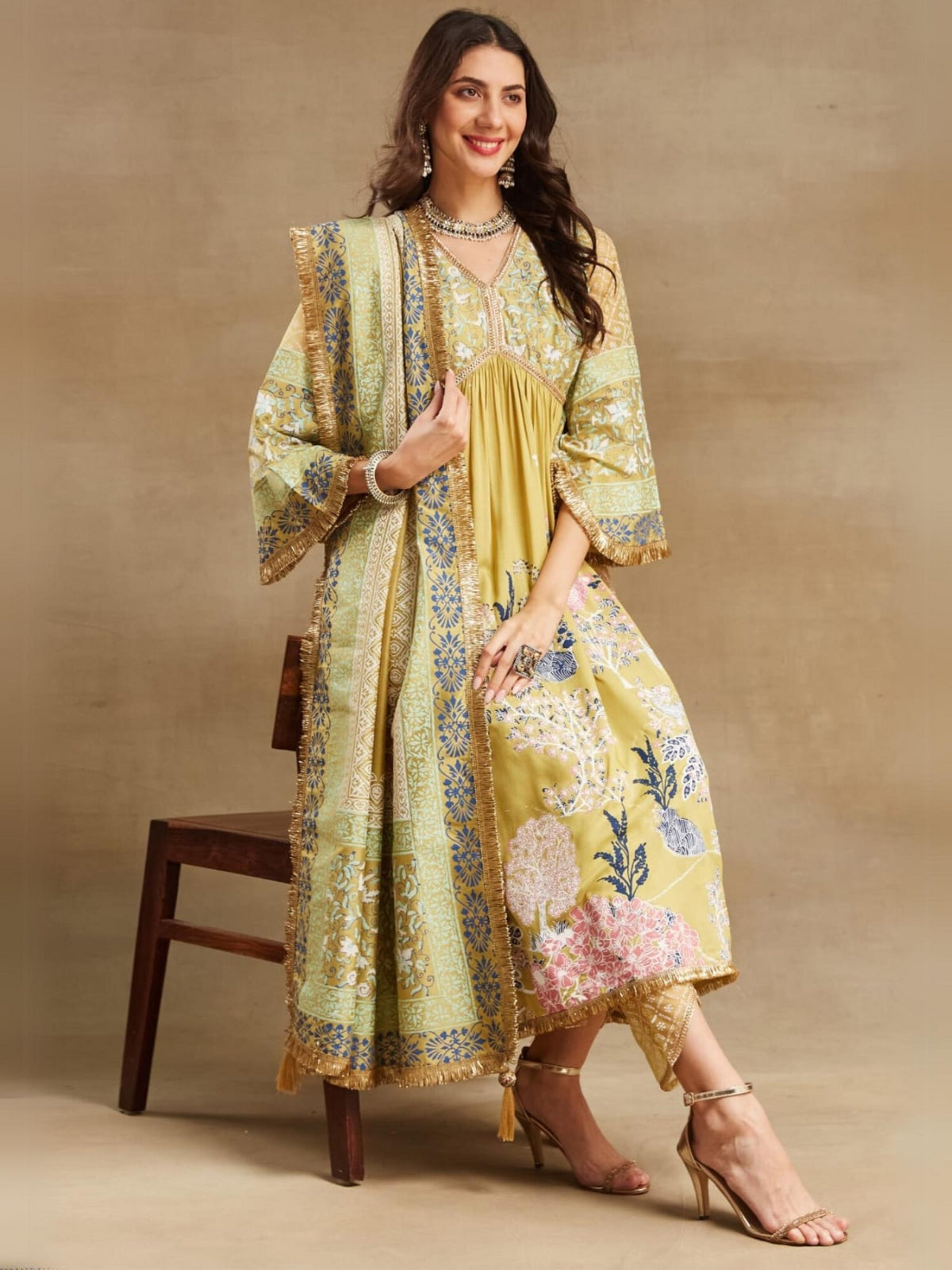 Yellow Noor V Neck Anarkali With Pant And Dupatta