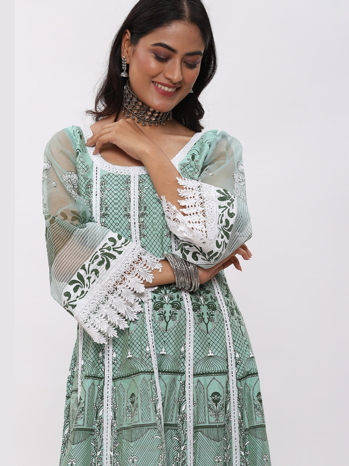 Green Fanah Anarkali Kurta With Plazo And Dupatta