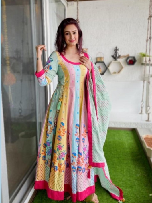 Multi Colour Cotton Silk Anarkali With Plazo And Dupatta