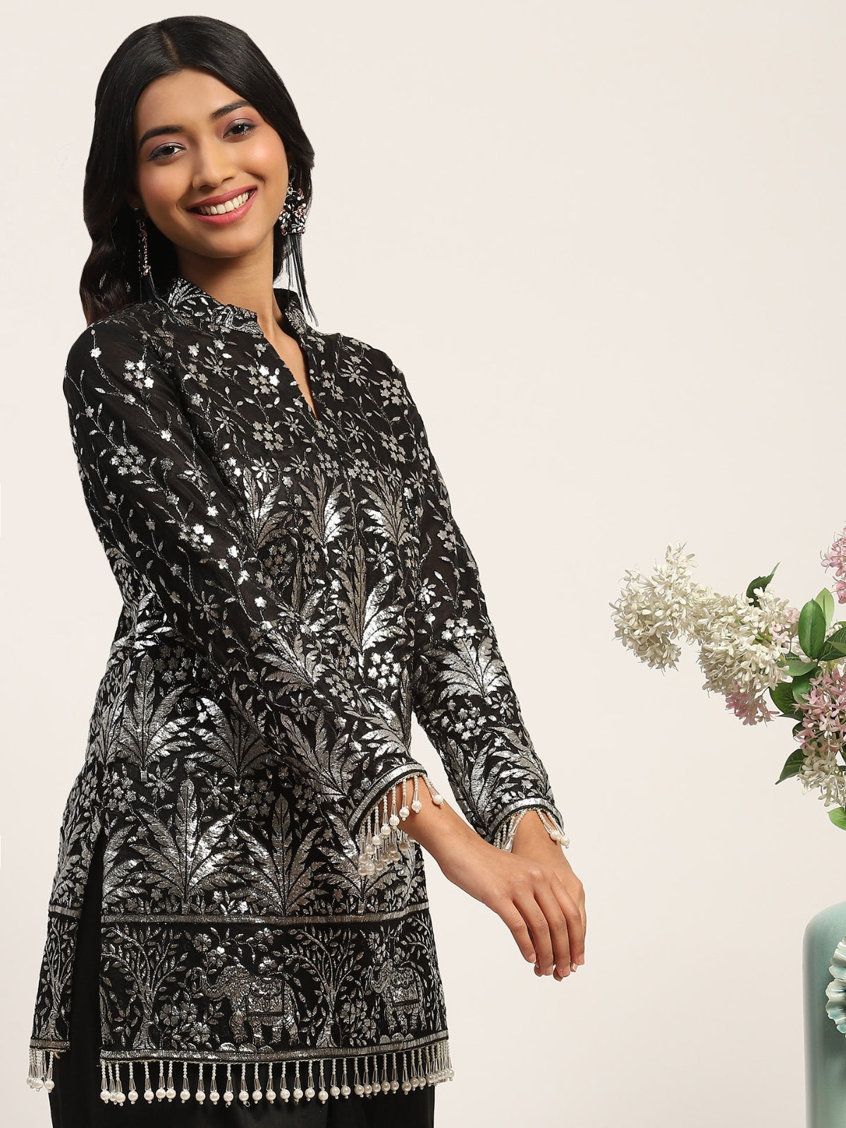 Black Azra Kurta With Tie Knot Skirt