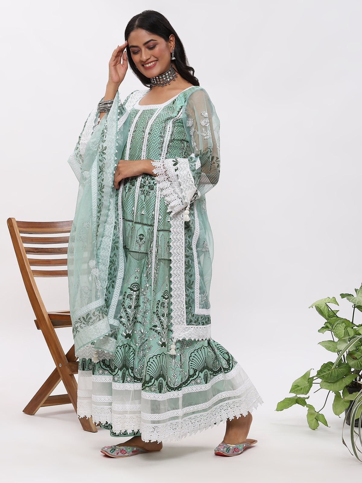 Green Fanah Anarkali Kurta With Plazo And Dupatta