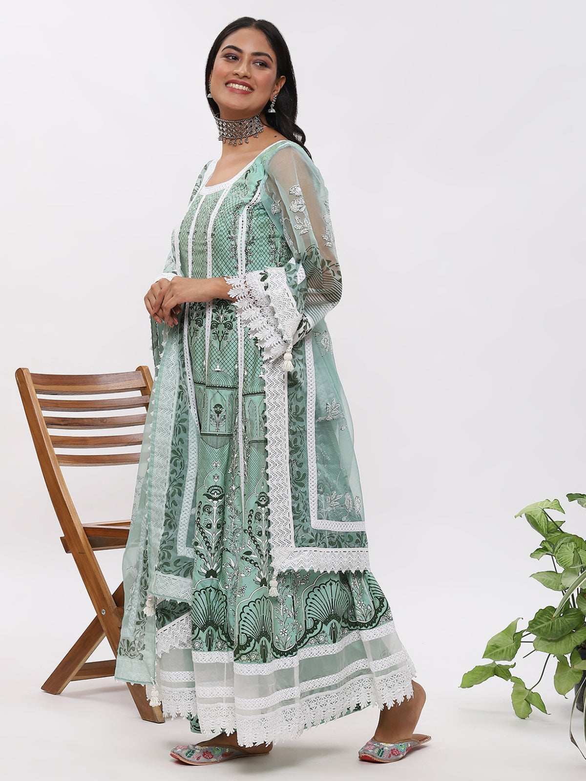 Green Fanah Anarkali Kurta With Plazo And Dupatta