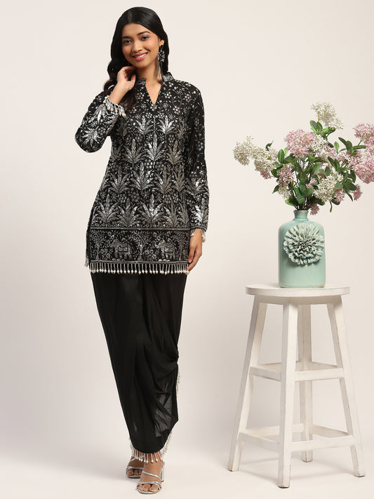 Black Azra Kurta With Tie Knot Skirt