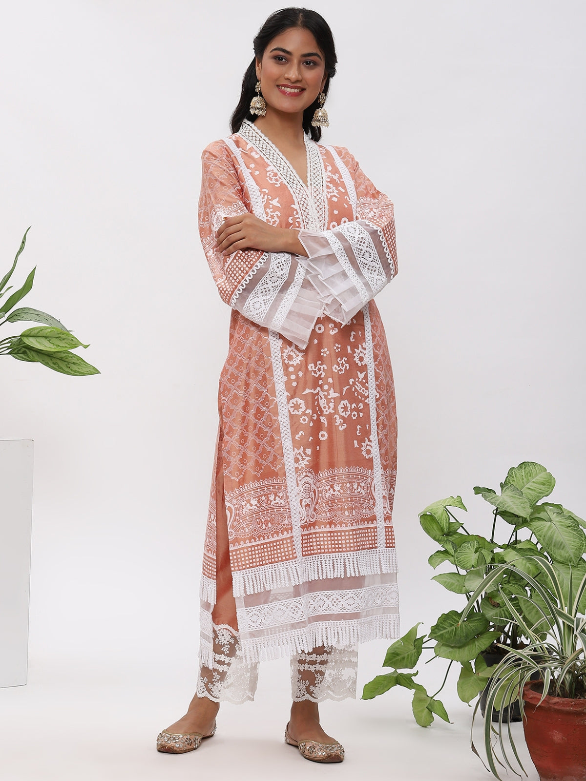 Peachy Orange Fanah Kurta With Plazo And Dupatta