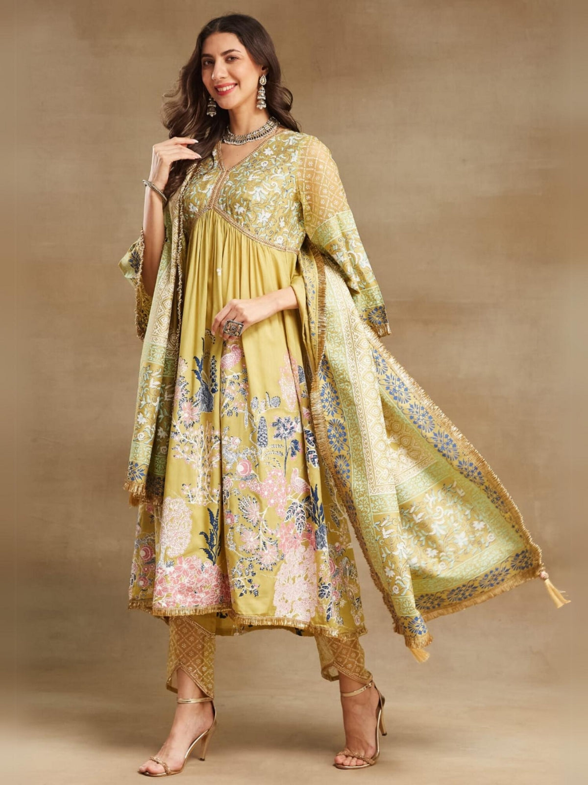 Yellow Noor V Neck Anarkali With Pant And Dupatta