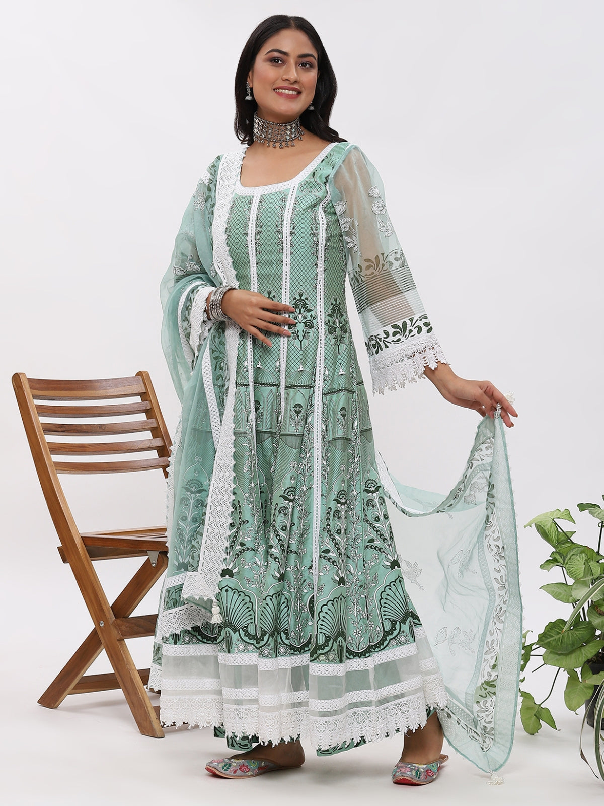 Green Fanah Anarkali Kurta With Plazo And Dupatta