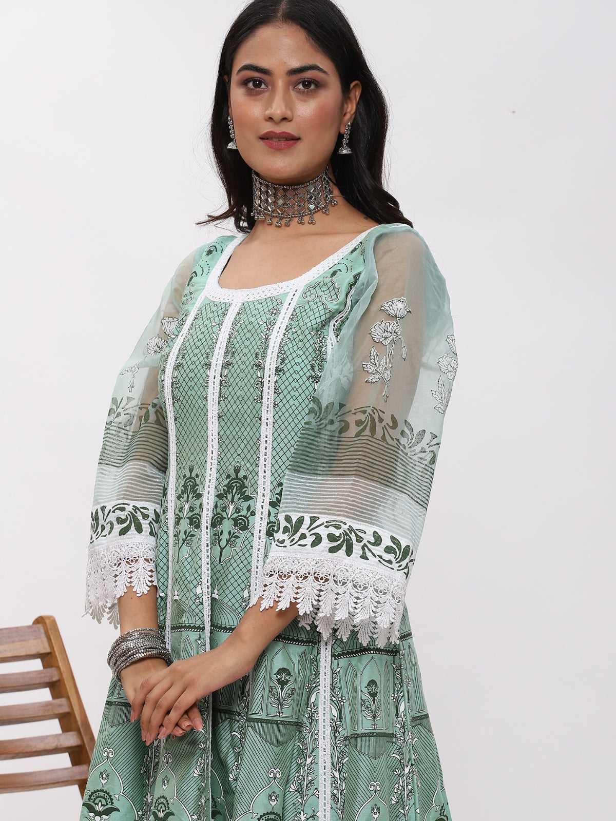 Green Fanah Anarkali Kurta With Plazo And Dupatta