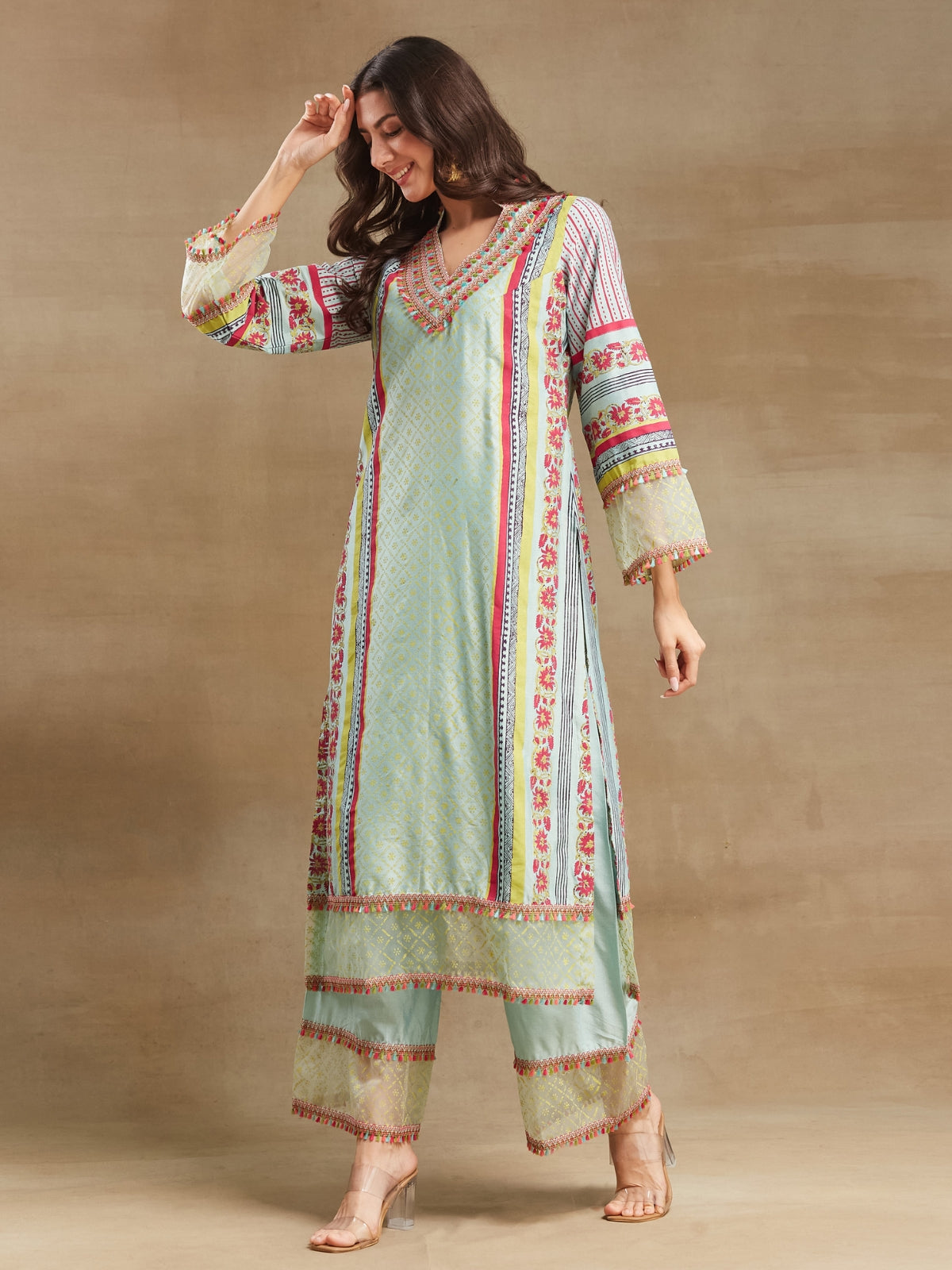 Blue Noor long straight kurta with plazo and dupatta