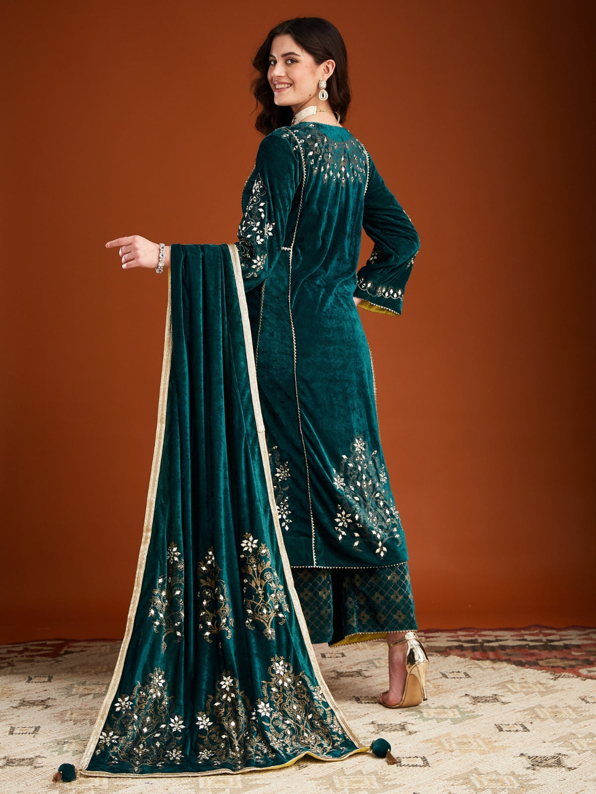 Turq Blue Green Velvet Magic A Line Kurta With Plazo And Dupatta