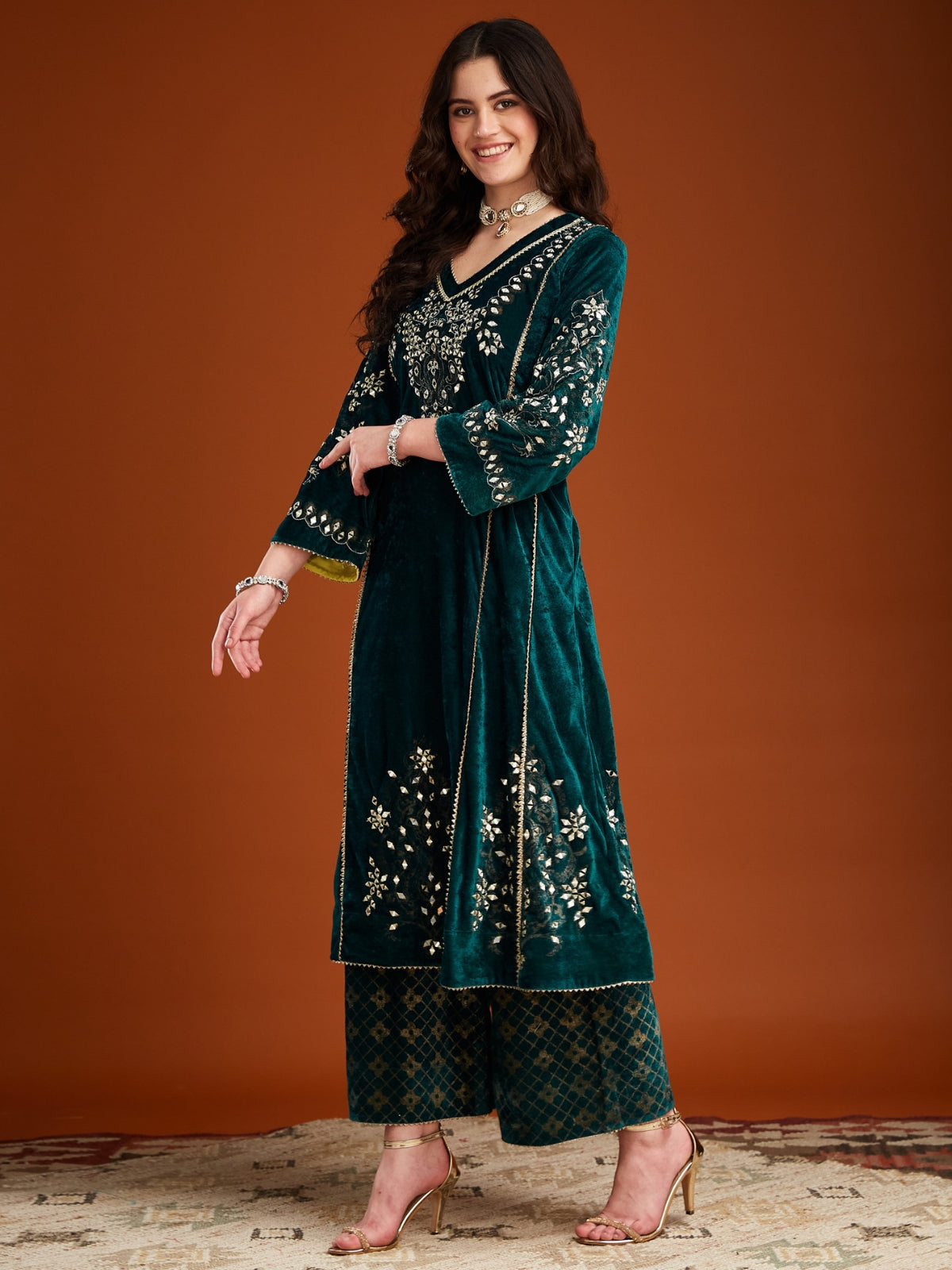 Turq Blue Green Velvet Magic A Line Kurta With Plazo And Dupatta