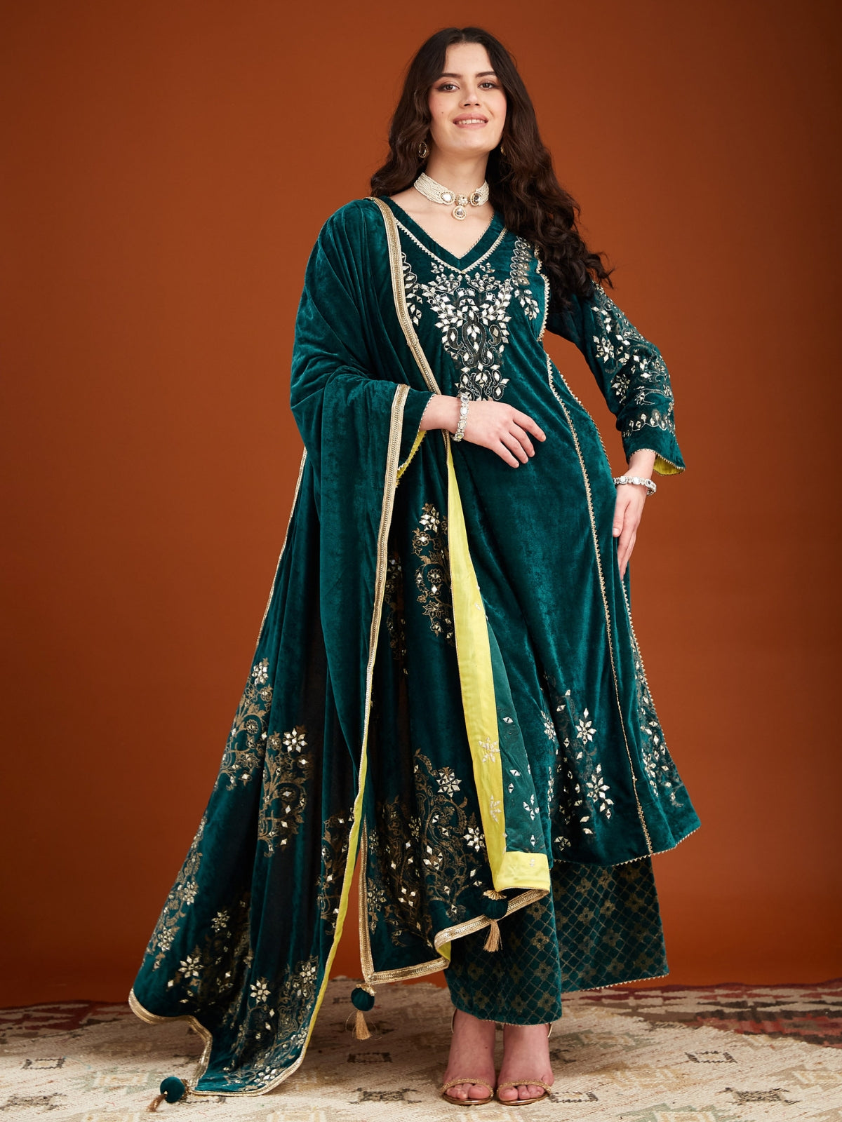 Turq Blue Green Velvet Magic A Line Kurta With Plazo And Dupatta