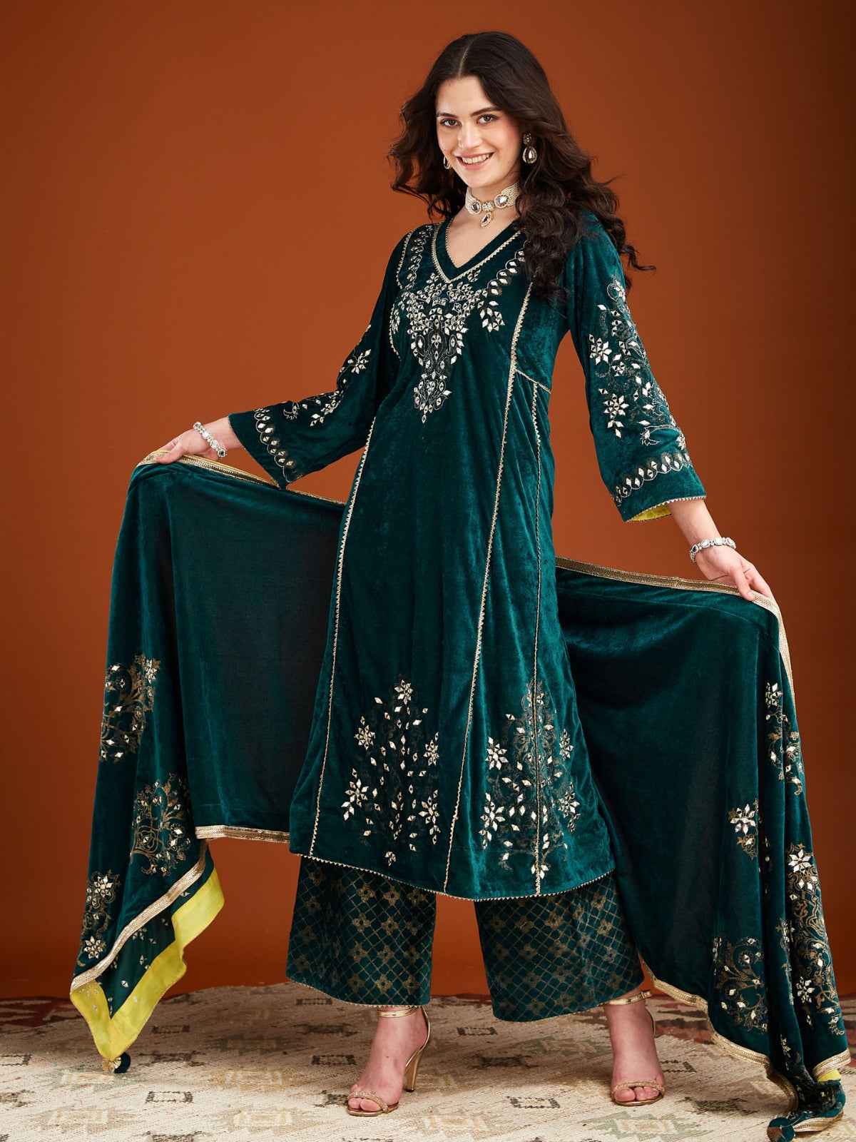 Turq Blue Green Velvet Magic A Line Kurta With Plazo And Dupatta