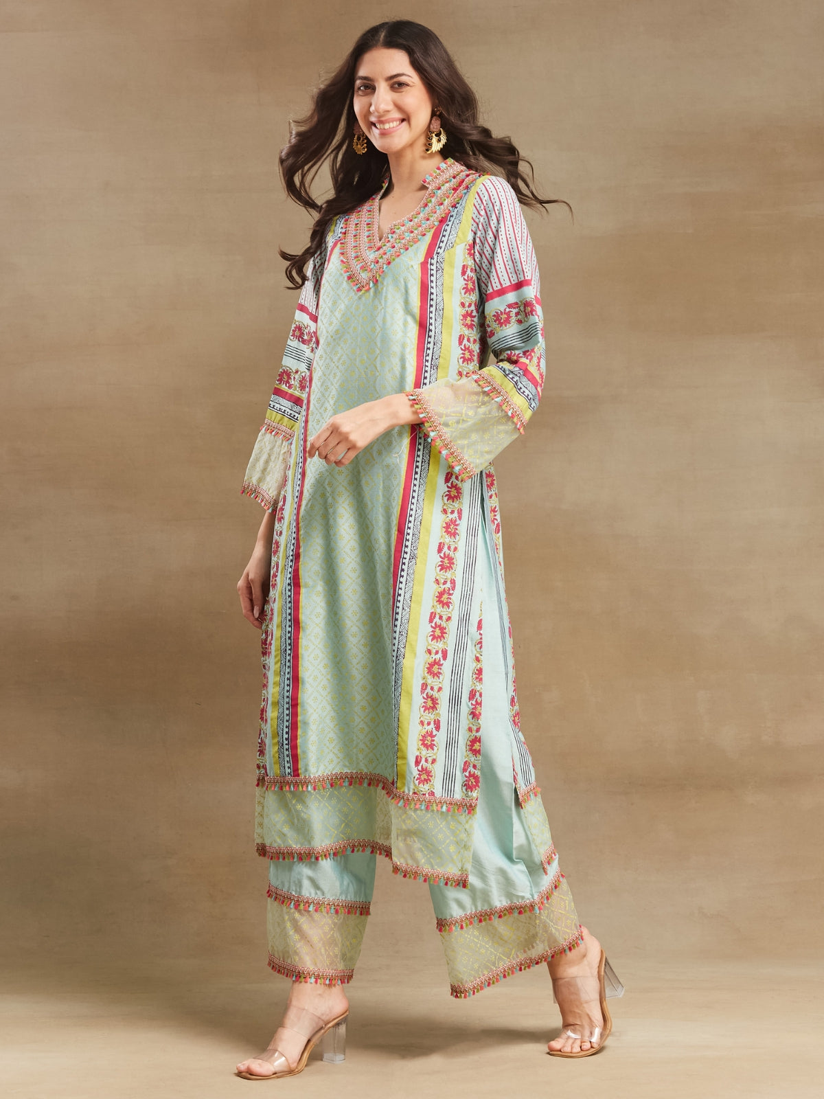 Blue Noor long straight kurta with plazo and dupatta