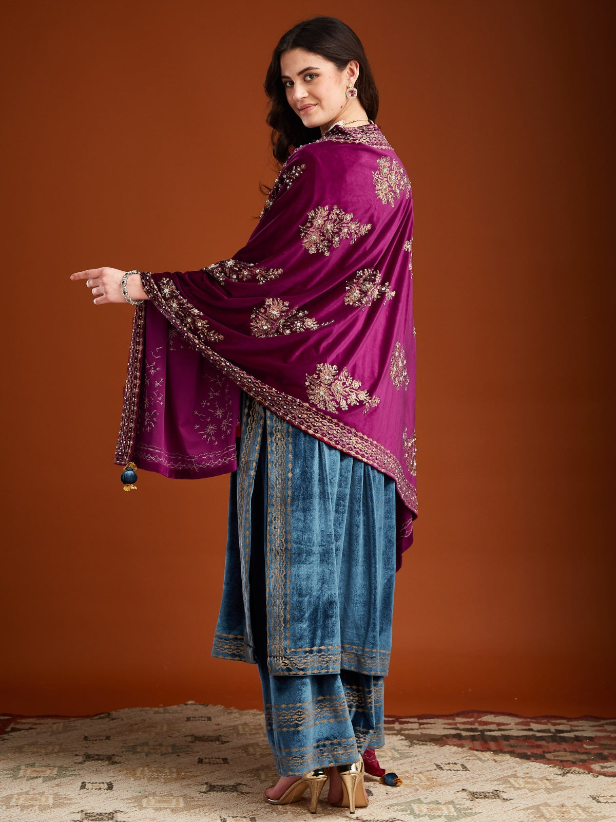 Blue With Pink Velvet Magic Straight Long Kurta With Plazo And Dupatta