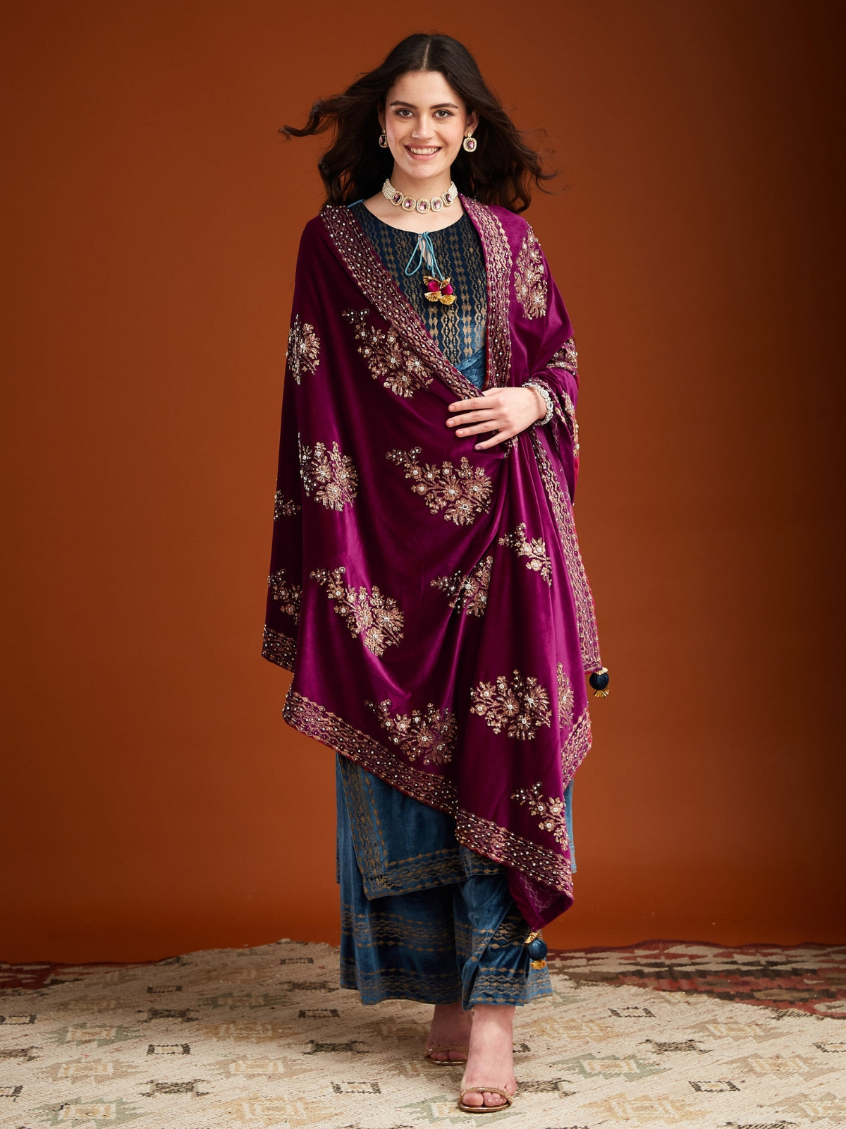 Blue With Pink Velvet Magic Straight Long Kurta With Plazo And Dupatta