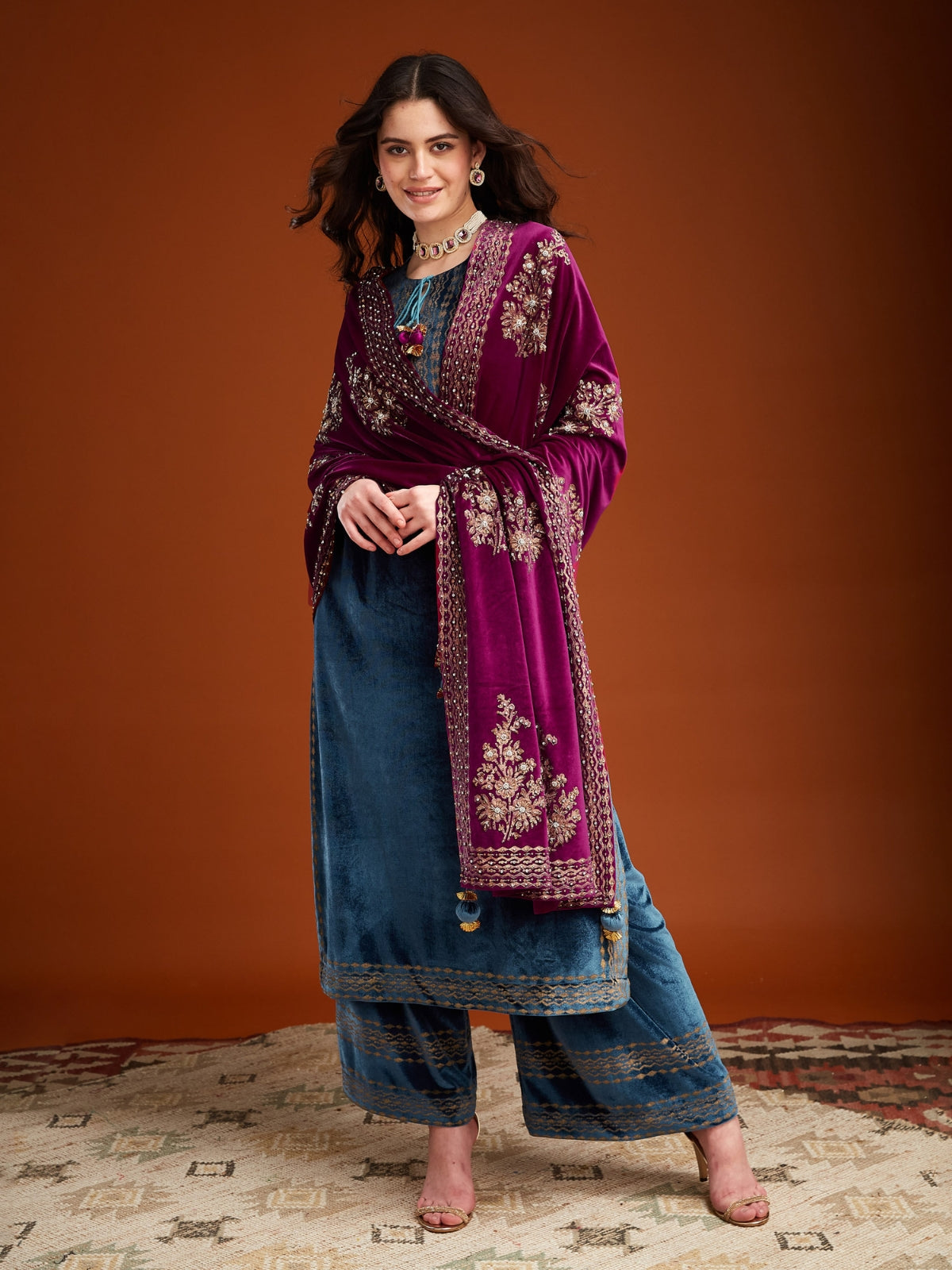 Blue With Pink Velvet Magic Straight Long Kurta With Plazo And Dupatta