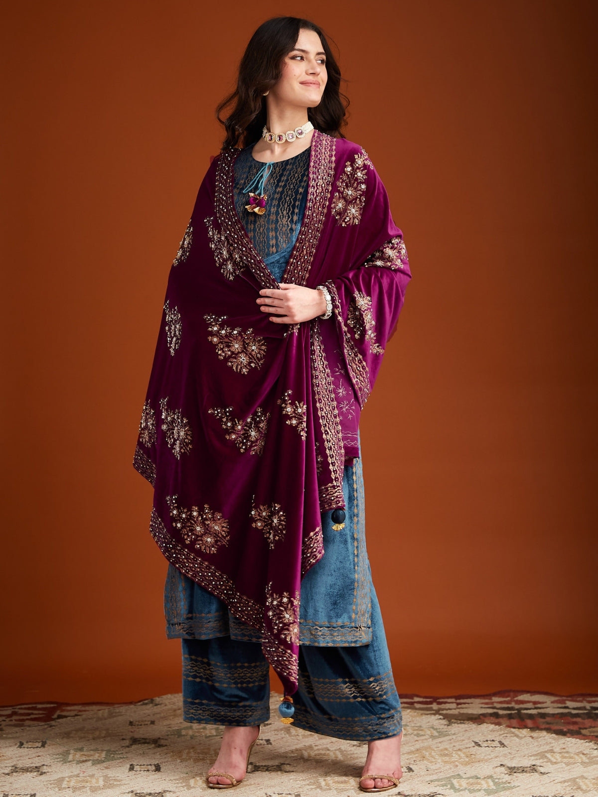 Blue With Pink Velvet Magic Straight Long Kurta With Plazo And Dupatta