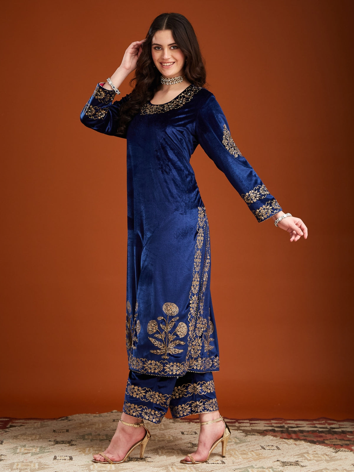 Blue Velvet Magic Straight Long Kurta With Plazo And Dupatta